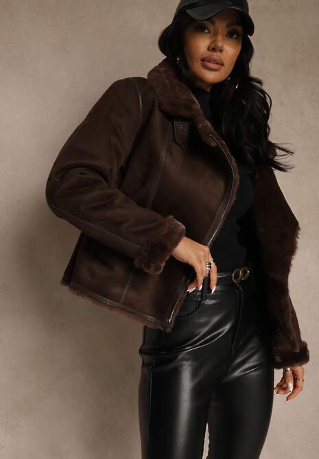 Brązowa Kurtka Biker z Imitacji Zamszu Zdobiona Futerkiem Awedora 4