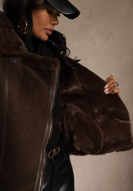 Brązowa Kurtka Biker z Imitacji Zamszu Zdobiona Futerkiem Awedora 5