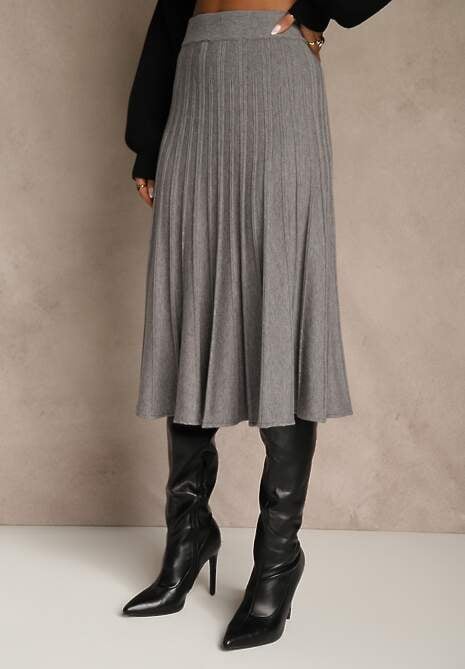 Szara Dzianinowa Spódnica Plisowana o Rozkloszowanym Kroju Tuswia 4