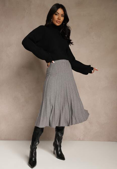 Szara Dzianinowa Spódnica Plisowana o Rozkloszowanym Kroju Tuswia