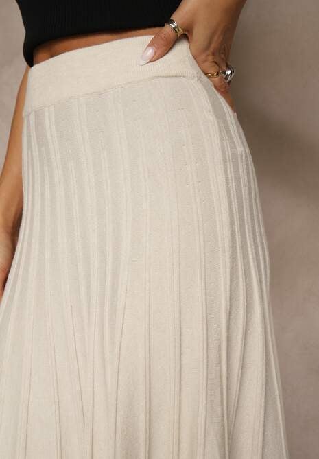 Beżowa Dzianinowa Spódnica Plisowana o Rozkloszowanym Kroju Tuswia 5
