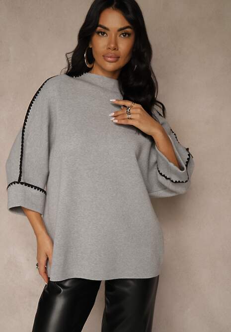 Szary Sweter Ozdobiony Lamówką na Rękawach Tusenna