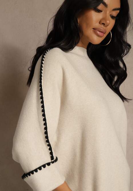 Beżowy Sweter Ozdobiony Lamówką na Rękawach Tusenna 5