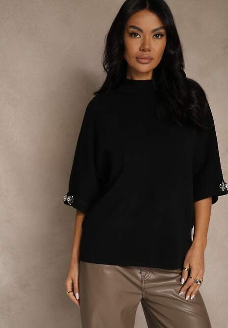 Czarny Sweter z Cyrkoniami przy Rękawach Corentusa 4