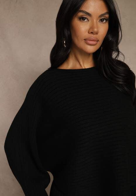 Czarny Prążkowany Komplet z Dzianiny Sukienka Bodycon i Sweter Nietoperz Wediana 5