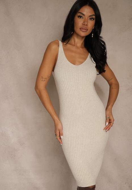Ciemnobeżowy Prążkowany Komplet z Dzianiny Sukienka Bodycon i Sweter Nietoperz Wediana 4