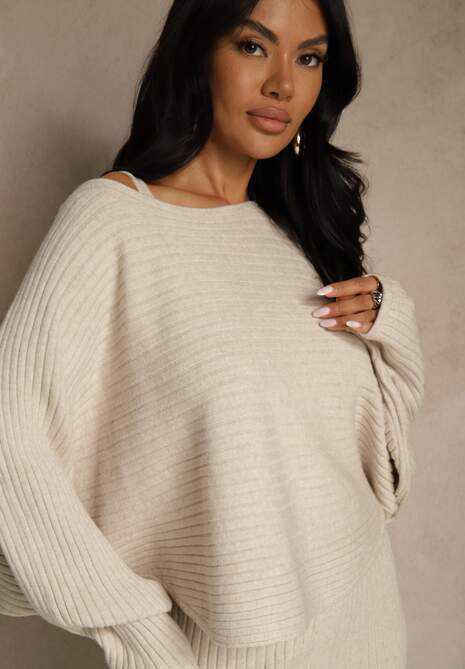 Ciemnobeżowy Prążkowany Komplet z Dzianiny Sukienka Bodycon i Sweter Nietoperz Wediana 5