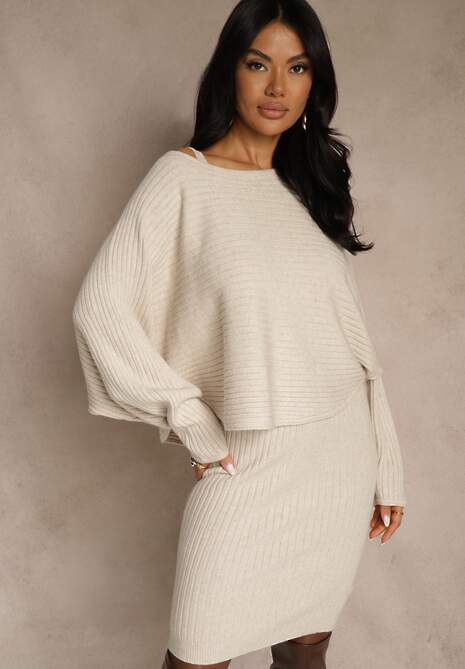 Ciemnobeżowy Prążkowany Komplet z Dzianiny Sukienka Bodycon i Sweter Nietoperz Wediana