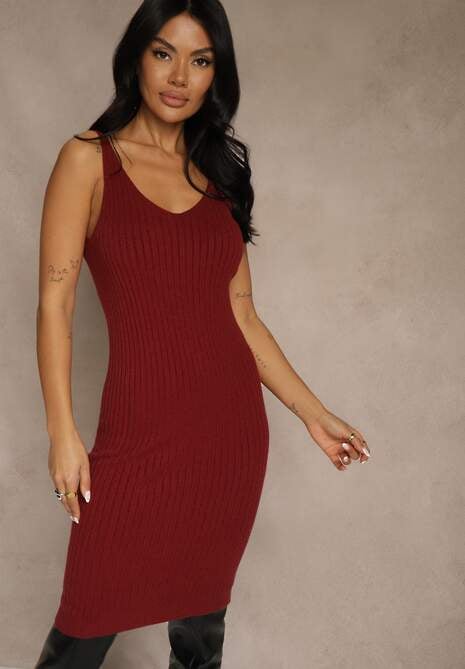 Bordowy Prążkowany Komplet z Dzianiny Sukienka Bodycon i Sweter Nietoperz Wediana 4