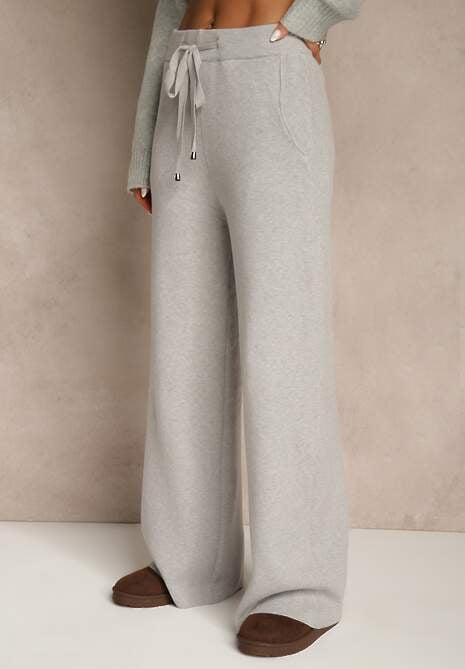 Szare Szerokie Spodnie Dzianinowe Ozdobione Sznurkami Meretusa 4