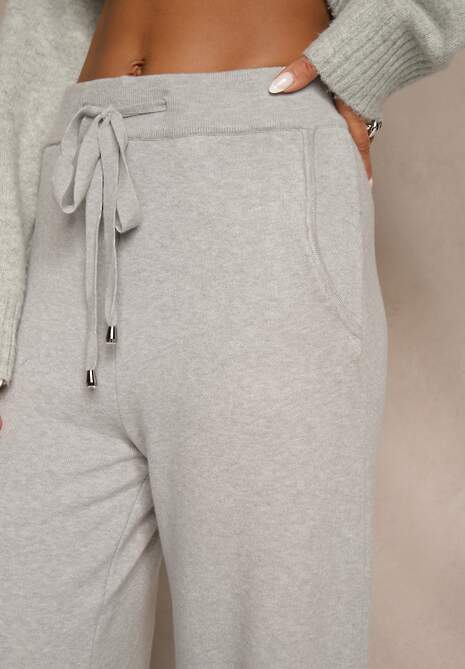 Szare Szerokie Spodnie Dzianinowe Ozdobione Sznurkami Meretusa 5