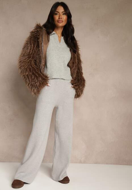 Szare Szerokie Spodnie Dzianinowe Ozdobione Sznurkami Meretusa