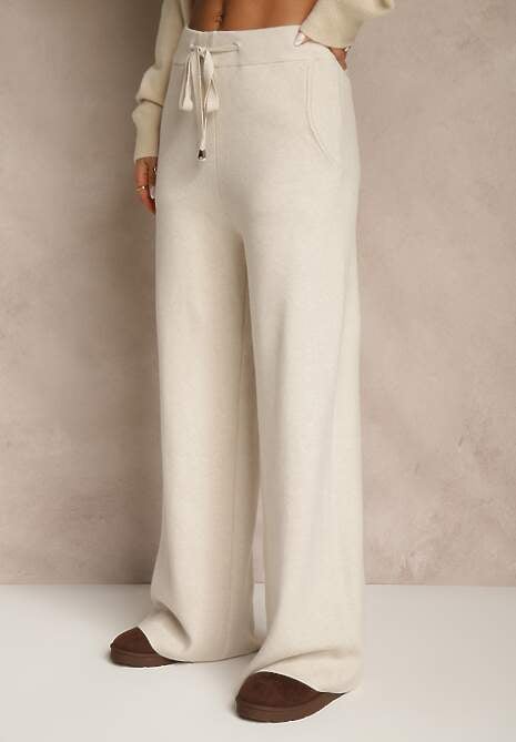 Jasnobeżowe Szerokie Spodnie Dzianinowe Ozdobione Sznurkami Meretusa 4