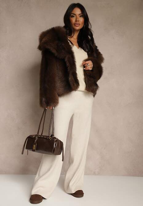 Jasnobeżowe Szerokie Spodnie Dzianinowe Ozdobione Sznurkami Meretusa