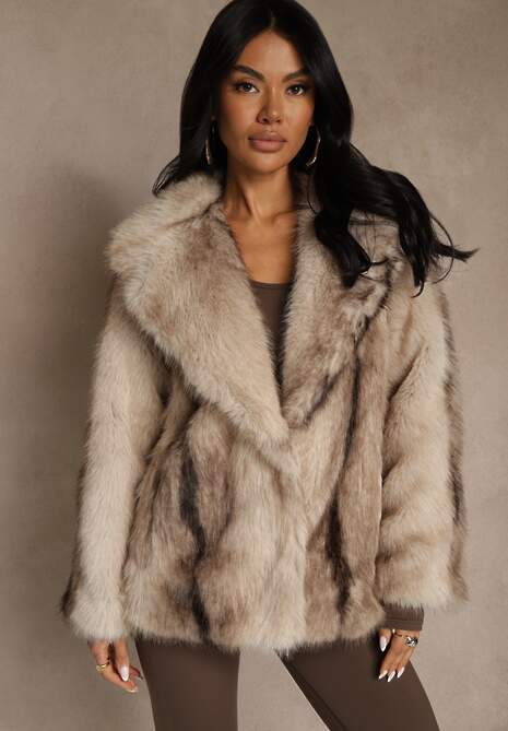 Szara Jednorzędowa Kurtka Futerko z Szerokim Kołnierzem Tesandra