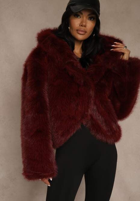 Bordowa Kurtka Futro z Nieodpinanym Kapturem Zetera 4