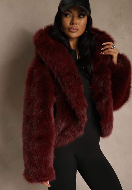 Bordowa Kurtka Futro z Nieodpinanym Kapturem Zetera