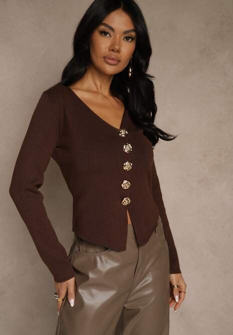 Brązowy Sweter z Wiskozą i Ozdobnymi Guzikami Zetisse