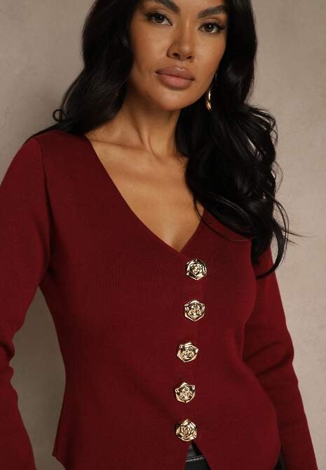 Bordowy Sweter z Wiskozą i Ozdobnymi Guzikami Zetisse 5