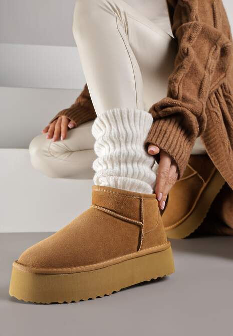 Jasnobrązowe Wsuwane Śniegowce z Zamszu Naturalnego na Grubej Podeszwie Mevilira