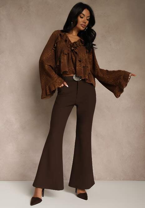 Brązowe Spodnie Flare z Wiskozy i Bawełny z Paskiem w Kowbojskim Stylu Tusiera