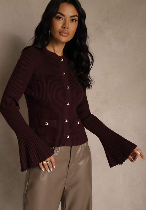 Bordowy Elegancki Prążkowany Kardigan z Wiskozą Guzikami i Rozszerzanymi Rękawami Otila 4