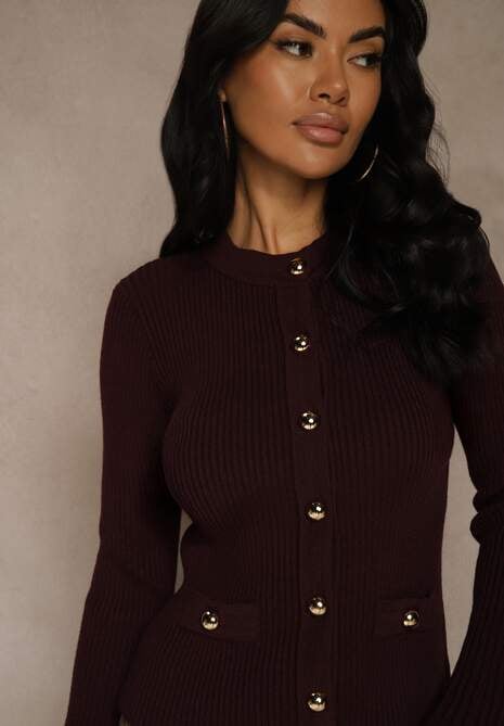 Bordowy Elegancki Prążkowany Kardigan z Wiskozą Guzikami i Rozszerzanymi Rękawami Otila 5