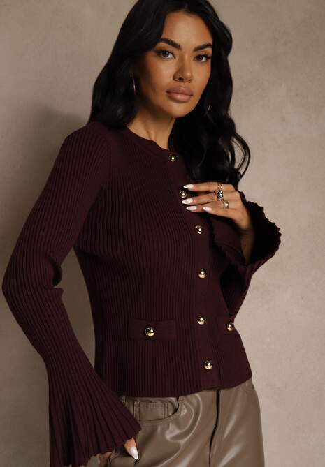 Bordowy Elegancki Prążkowany Kardigan z Wiskozą Guzikami i Rozszerzanymi Rękawami Otila