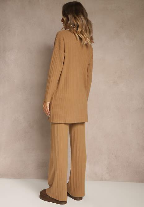 Brązowy Komplet Prążkowany z Bawełną Sweter Oversize i Szerokie Spodnie Wedorena 4
