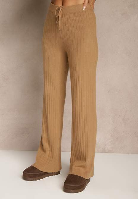 Brązowy Komplet Prążkowany z Bawełną Sweter Oversize i Szerokie Spodnie Wedorena 4