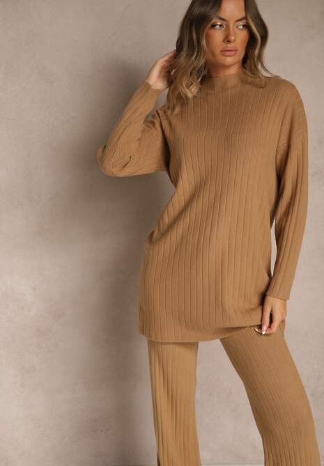 Brązowy Komplet Prążkowany z Bawełną Sweter Oversize i Szerokie Spodnie Wedorena 5