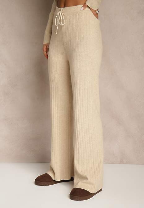 Beżowy Komplet Prążkowany z Bawełną Sweter Oversize i Szerokie Spodnie Wedorena 5