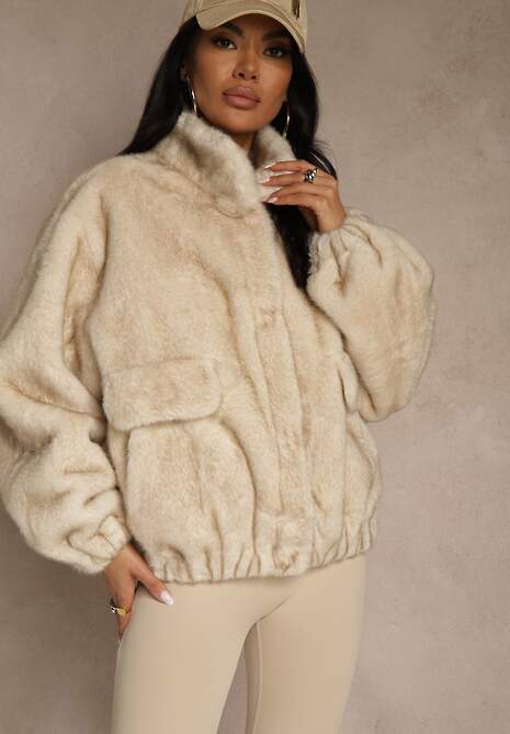 Beżowa Futrzana Kurtka Bomberka z Kieszeniami Tiwedela 4