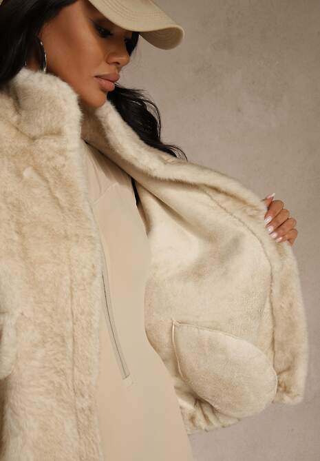 Beżowa Futrzana Kurtka Bomberka z Kieszeniami Tiwedela 5