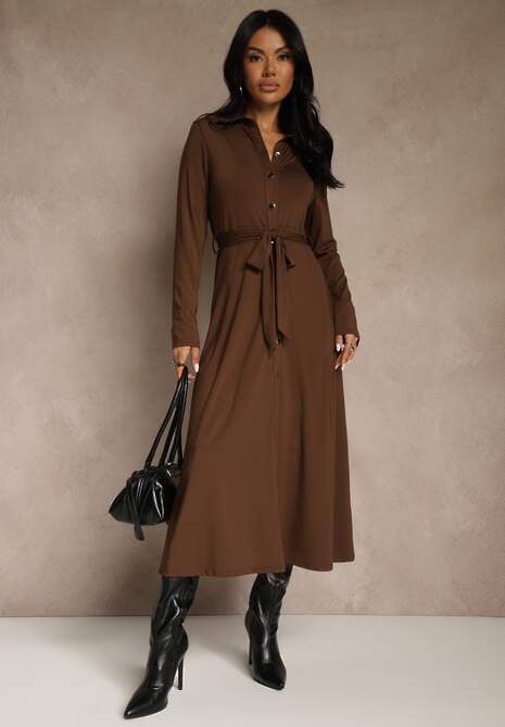 Brązowa Długa Sukienka Koszulowa z Wiązaniem w Talii Levae