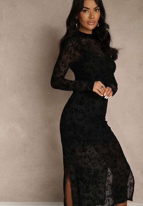 Czarna Sukienka z Domieszką Wiskozy Ozdobiona Welurowym Nadrukiem Vetionne 4