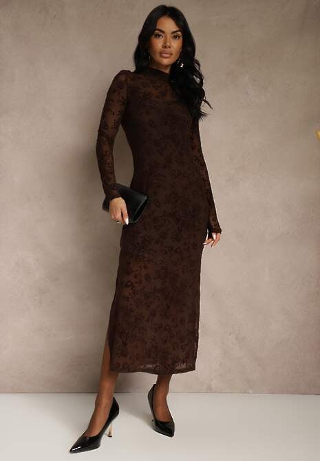 Brązowa Sukienka z Domieszką Wiskozy Ozdobiona Welurowym Nadrukiem Vetionne