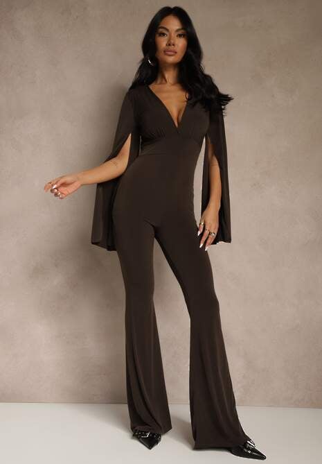 Brązowy Dopasowany Kombinezon z Rozkloszowanymi Rękawami i Głębokim Dekoltem Andrika 4