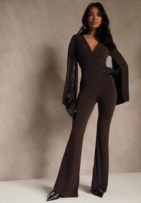 Brązowy Dopasowany Kombinezon z Rozkloszowanymi Rękawami i Głębokim Dekoltem Andrika
