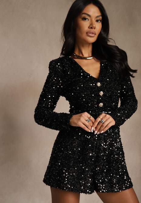 Czarny Kombinezon Longsleeve z Krótkimi Nogawkami Zdobiony Cekinami Uwedela