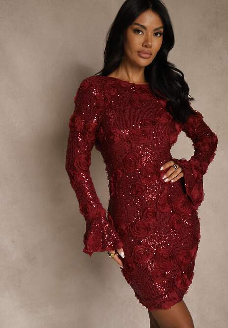 Bordowa Dopasowana Sukienka Ozdobiona Cekinami i Kwiatami 3D Raweda