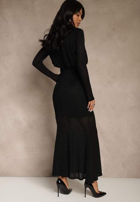 Czarna Cyrkoniowa Sukienka Longsleeve o Taliowanym Kroju z Bufiastą Górą Iwedesa 4