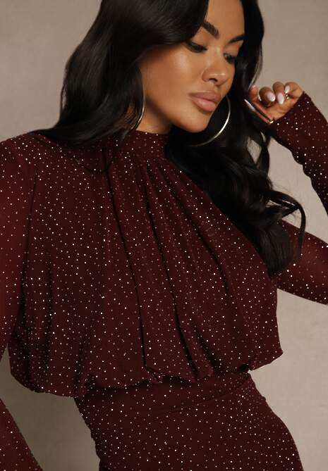 Bordowa Cyrkoniowa Sukienka o Taliowanym Kroju z Bufiastą Górą i Gumką w Pasie Iwedesa 5