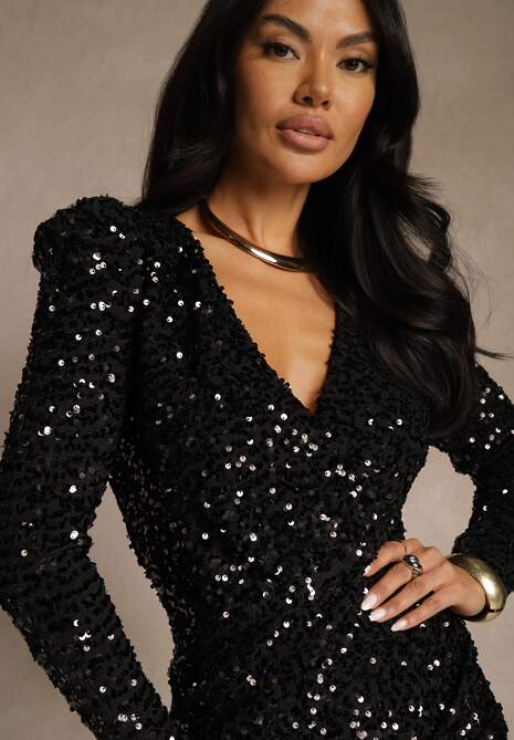 Czarna Dopasowana Sukienka z Dekoltem w Serek Zdobiona Cekinami Liweda 5