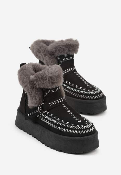 Czarne Śniegowce na Platformie z Futerkiem i Haftowanym Wzorem Celatusa 5