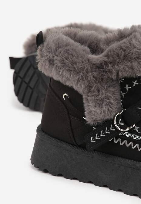 Czarne Śniegowce na Platformie z Futerkiem i Haftowanym Wzorem Celatusa 6