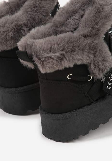Czarne Śniegowce na Platformie z Futerkiem i Haftowanym Wzorem Celatusa 7