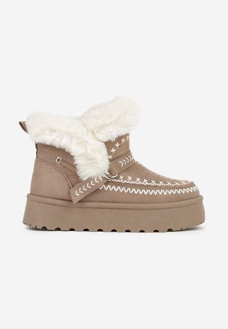 Ciemnobeżowe Śniegowce na Platformie z Futerkiem i Haftowanym Wzorem Celatusa 4