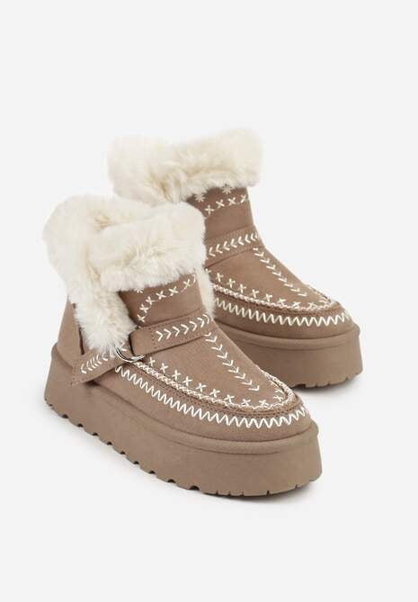 Ciemnobeżowe Śniegowce na Platformie z Futerkiem i Haftowanym Wzorem Celatusa 5