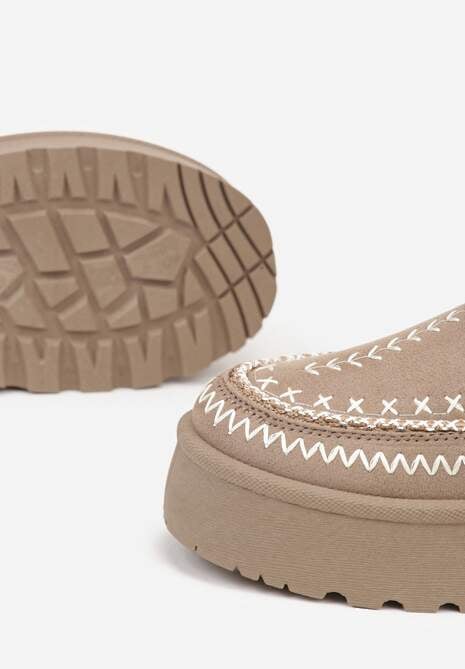 Ciemnobeżowe Śniegowce na Platformie z Futerkiem i Haftowanym Wzorem Celatusa 6